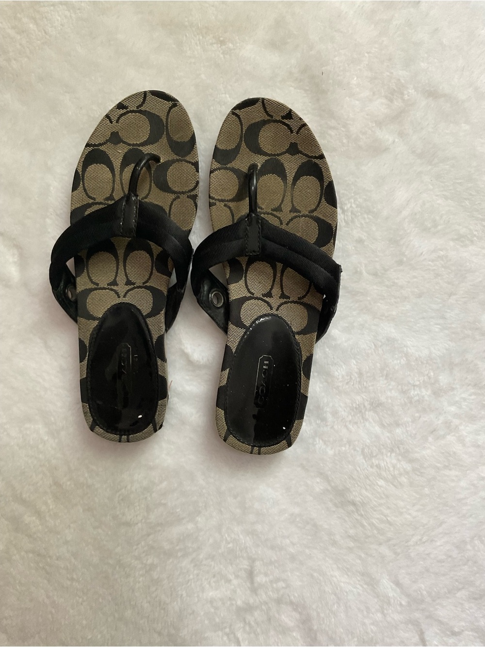Coach Kids Canvas Logo Thong Sandals in Brown and Black